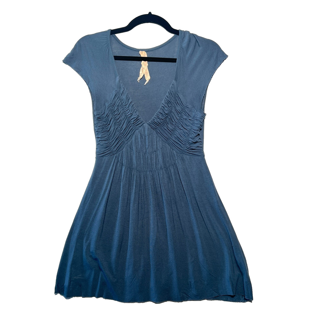 Boho Dusty Blue Deep V-Neck Peasant Short Sleeve Top Ruched Detailing Jersey XS